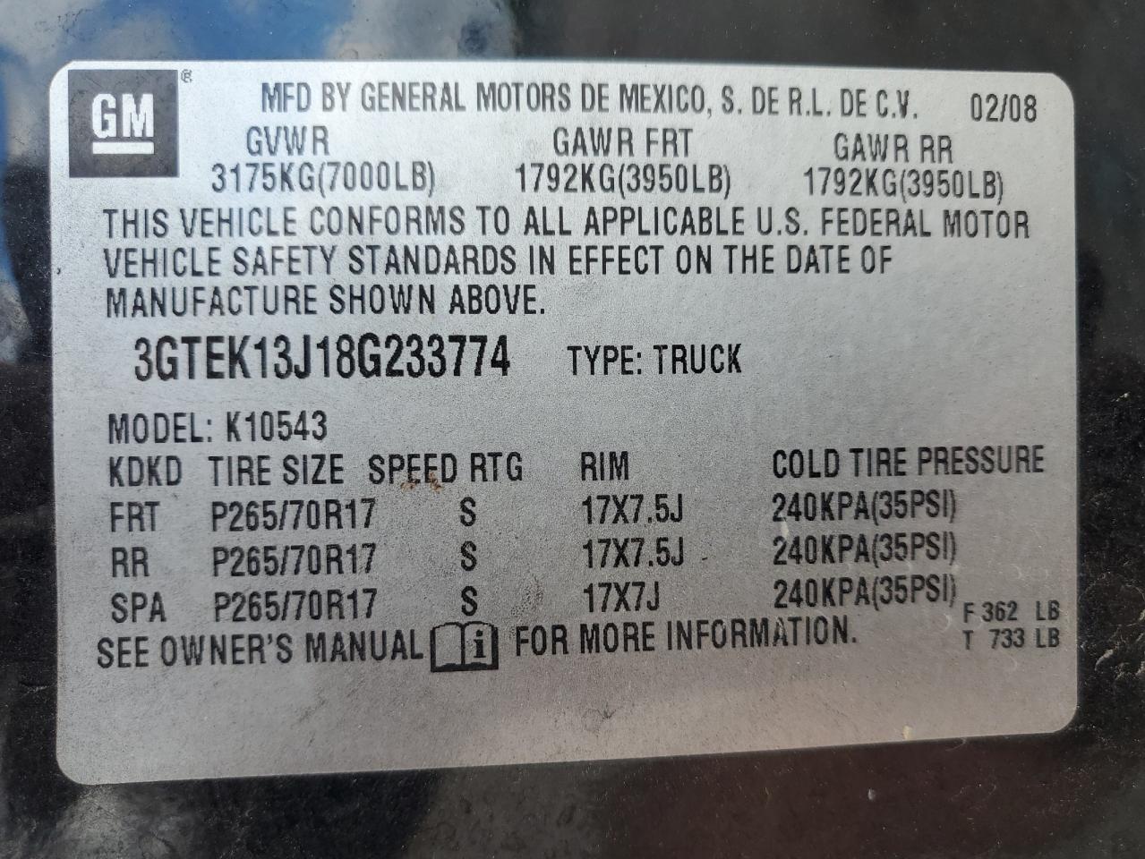 2008 GMC Sierra K1500 VIN: 3GTEK13J18G233774 Lot: 55359344