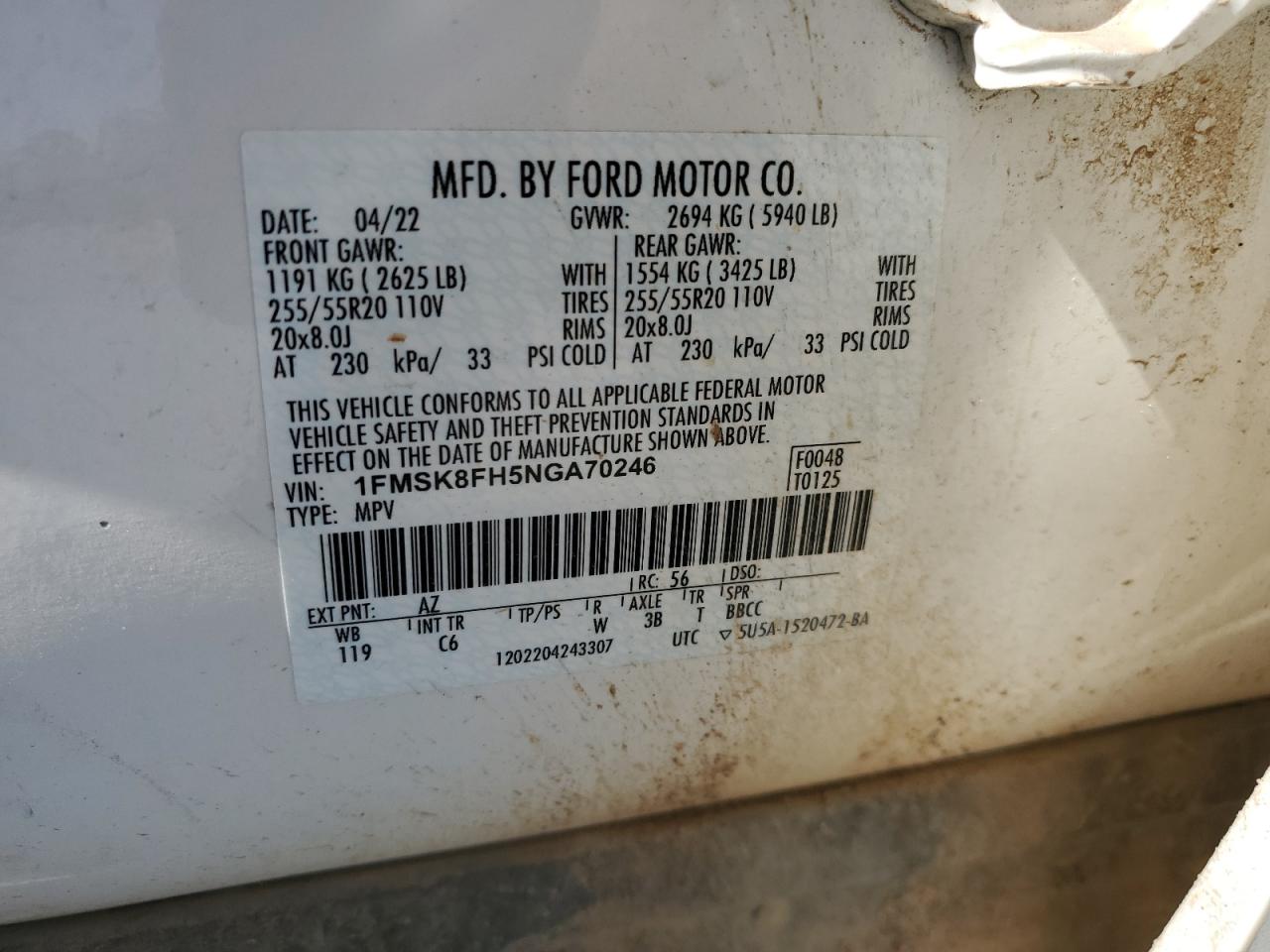 2022 Ford Explorer Limited VIN: 1FMSK8FH5NGA70246 Lot: 56165334