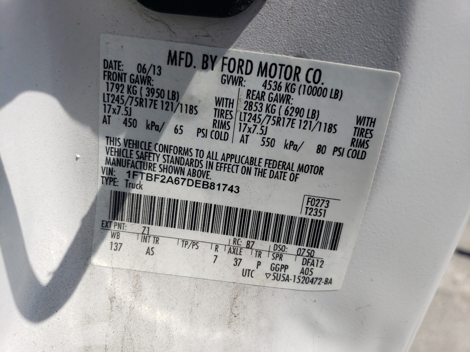 1FTBF2A67DEB81743 2013 Ford F250 Super Duty