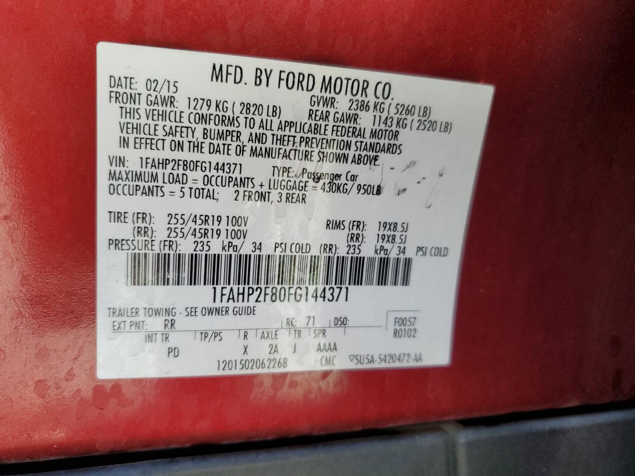 2015 Ford Taurus Limited VIN: 1FAHP2F80FG144371 Lot: 55803464