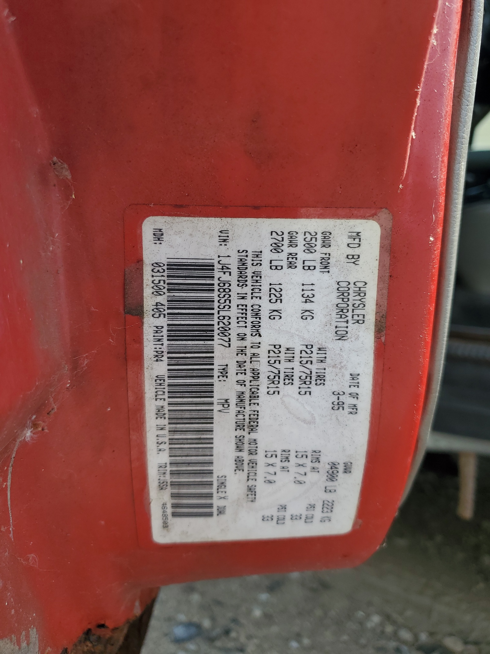 1J4FJ68S5SL620077 1995 Jeep Cherokee Sport