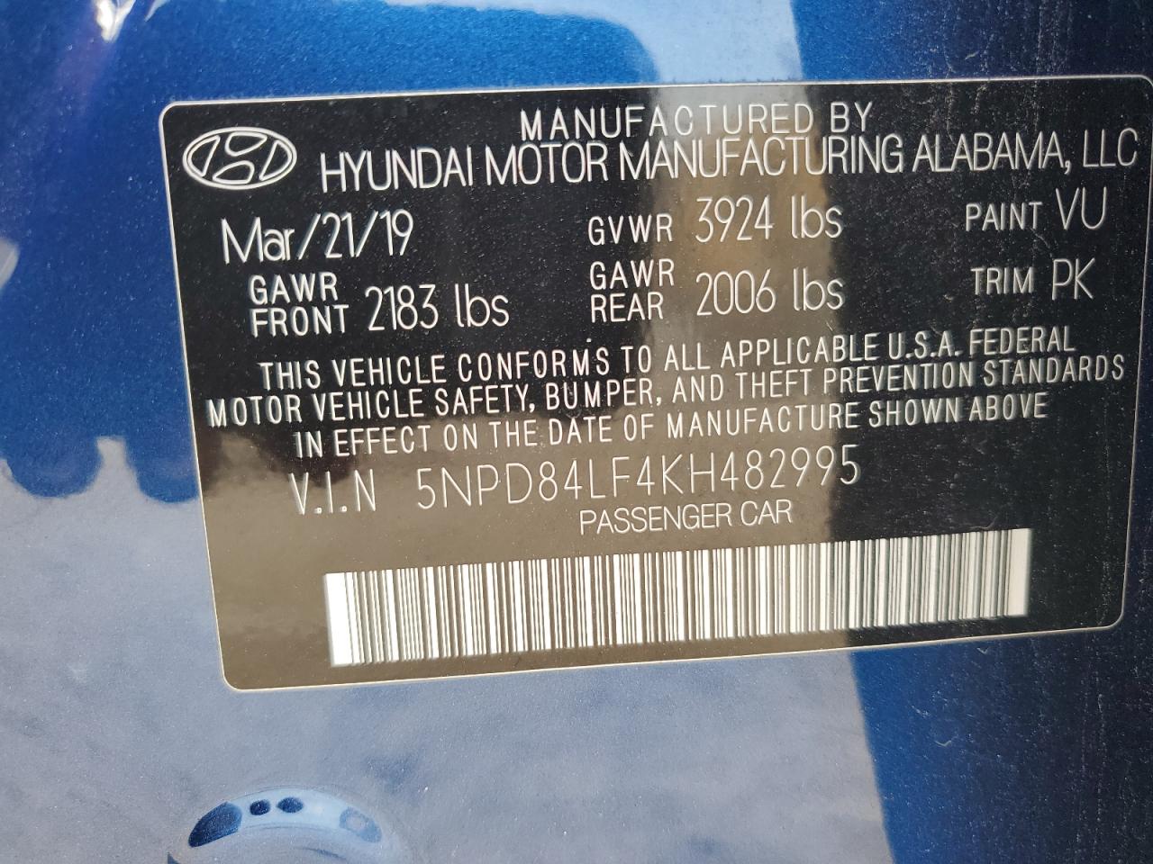 5NPD84LF4KH482995 2019 Hyundai Elantra Sel