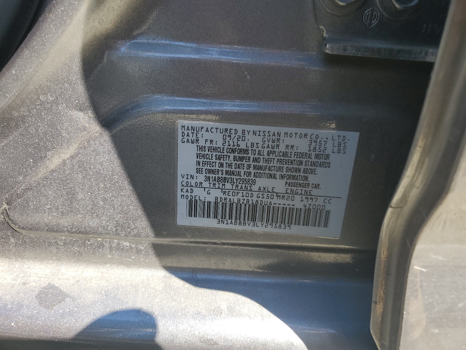 3N1AB8BV3LY295839 2020 Nissan Sentra S