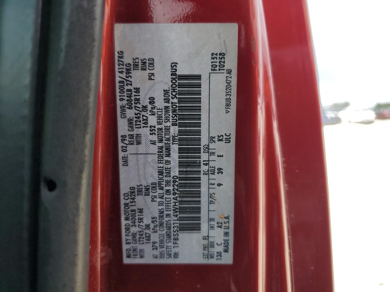 1998 Ford Econoline E350 Super Duty VIN: 1FBSS31L4WHA92290 Lot: 55853344