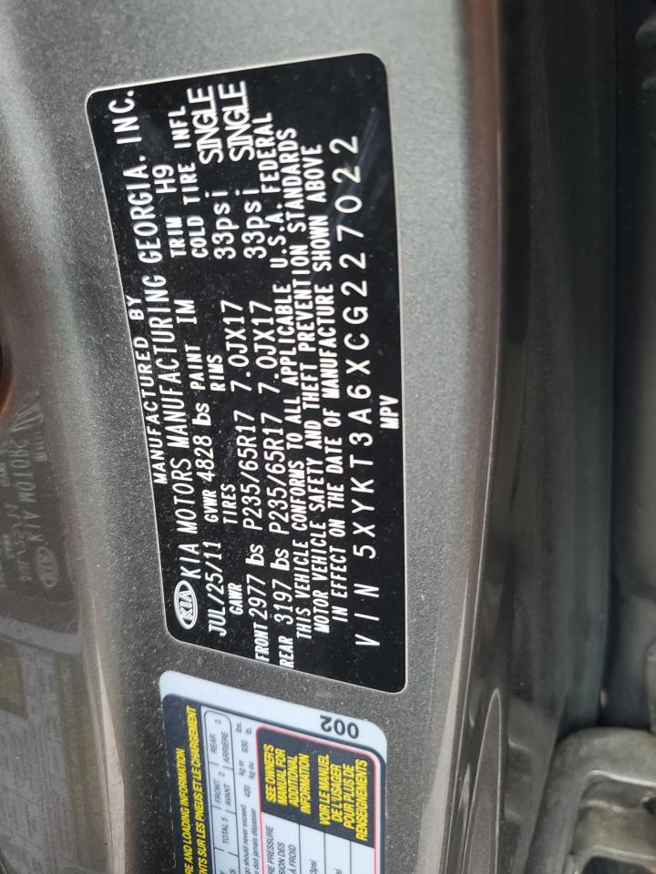 2012 Kia Sorento Base VIN: 5XYKT3A6XCG227022 Lot: 56192724