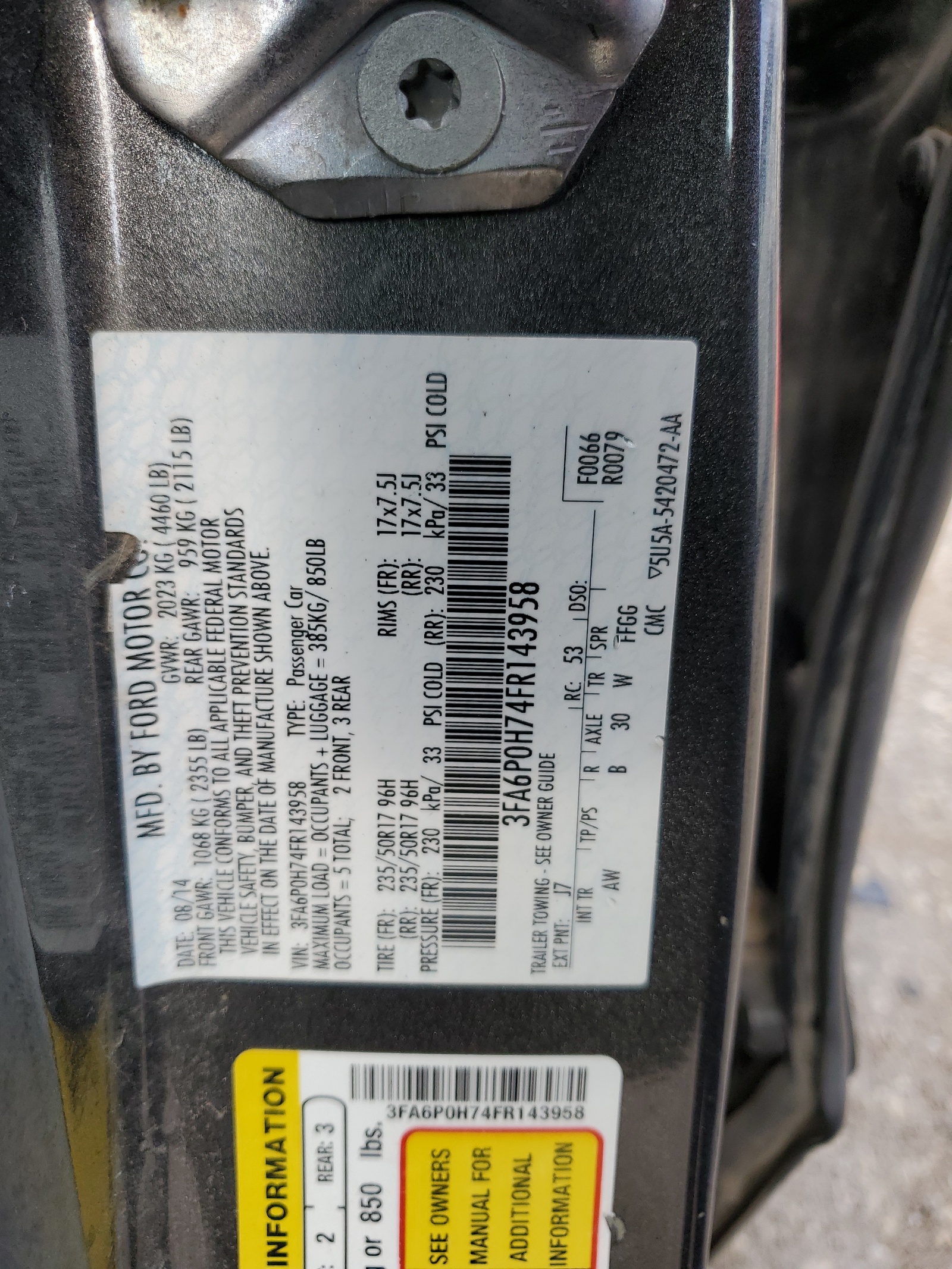 3FA6P0H74FR143958 2015 Ford Fusion Se