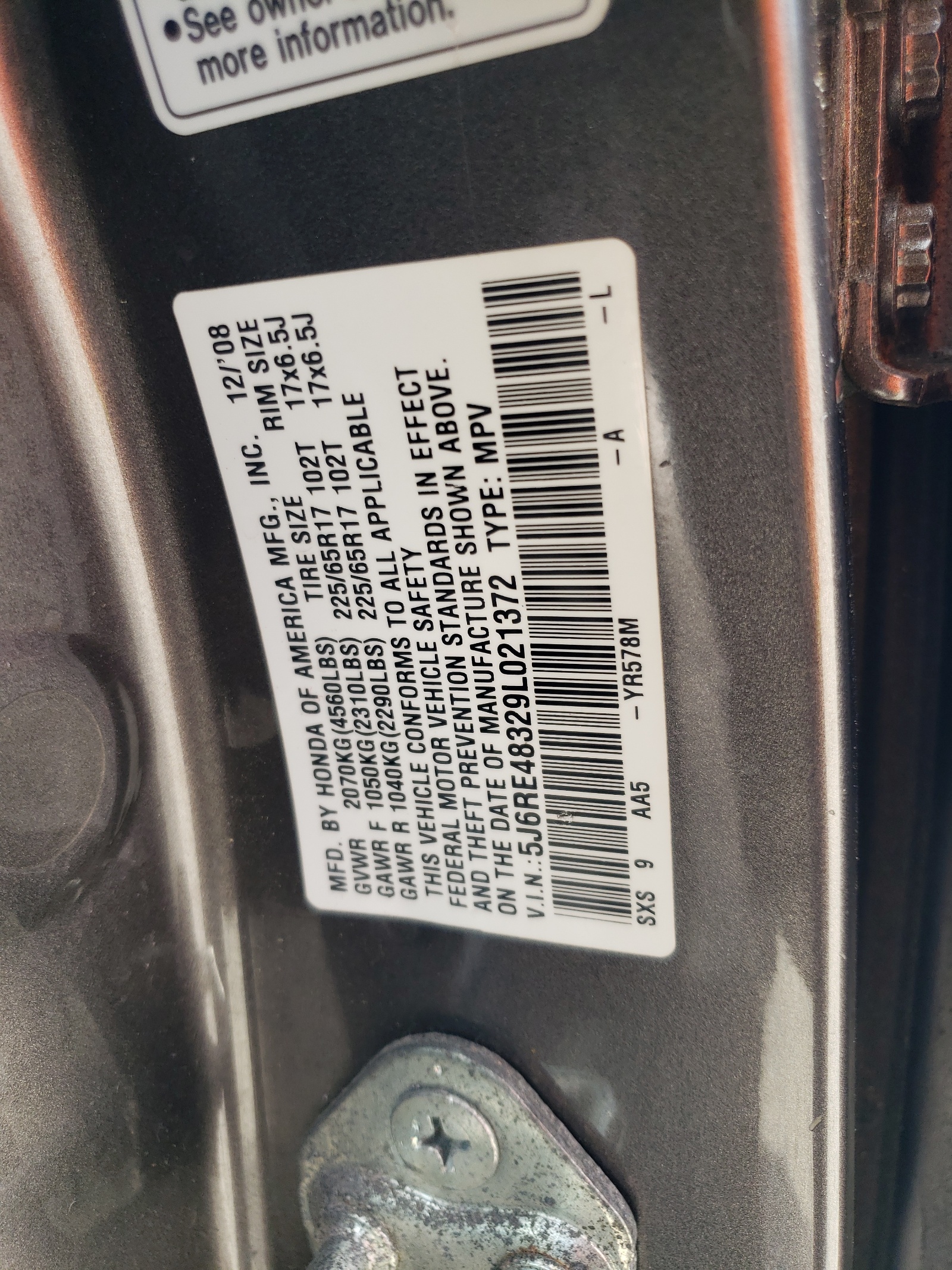 5J6RE48329L021372 2009 Honda Cr-V Lx