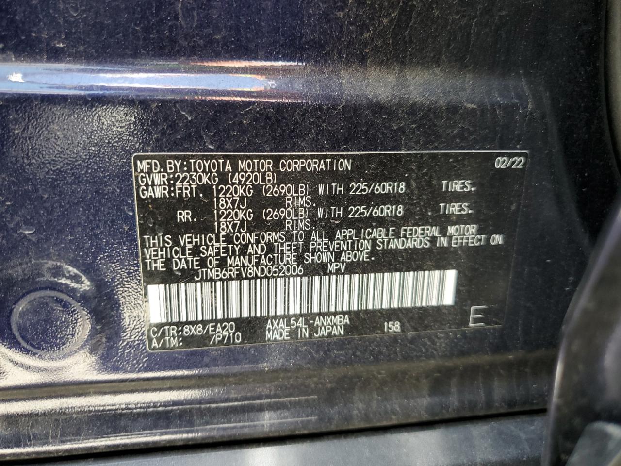 2022 Toyota Rav4 Xle Premium VIN: JTMB6RFV8ND052006 Lot: 55964524