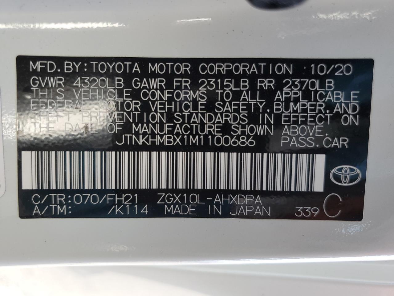 JTNKHMBX1M1100686 2021 Toyota C-Hr Xle