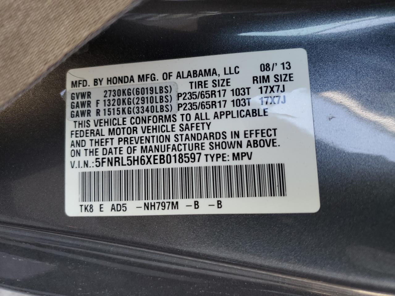 5FNRL5H6XEB018597 2014 Honda Odyssey Exl