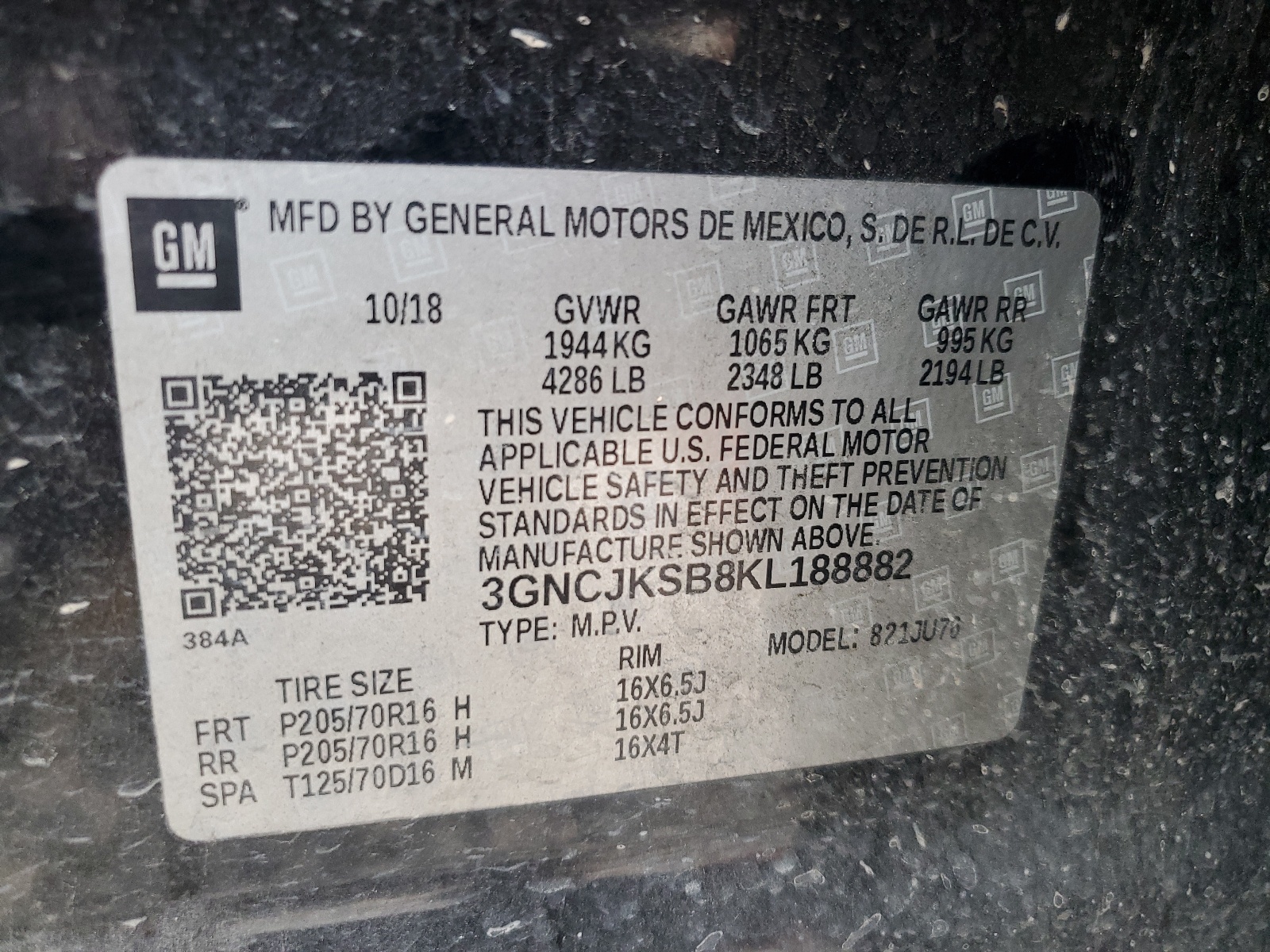 3GNCJKSB8KL188882 2019 Chevrolet Trax Ls