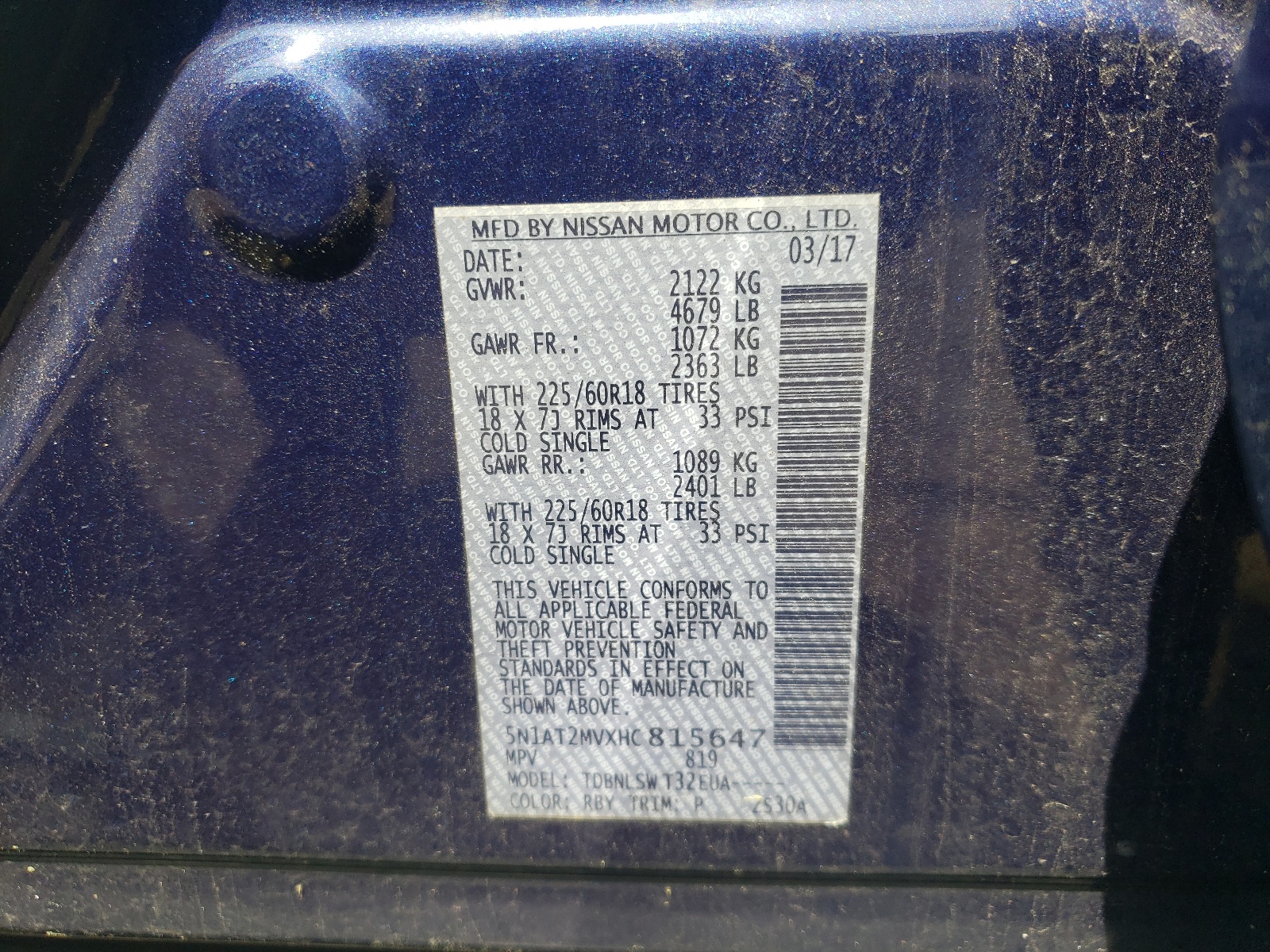 5N1AT2MVXHC815647 2017 Nissan Rogue Sv