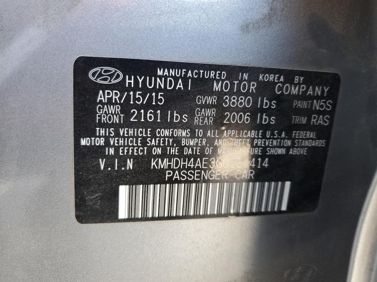 2016 Hyundai Elantra Se VIN: KMHDH4AE3GU531414 Lot: 56662154