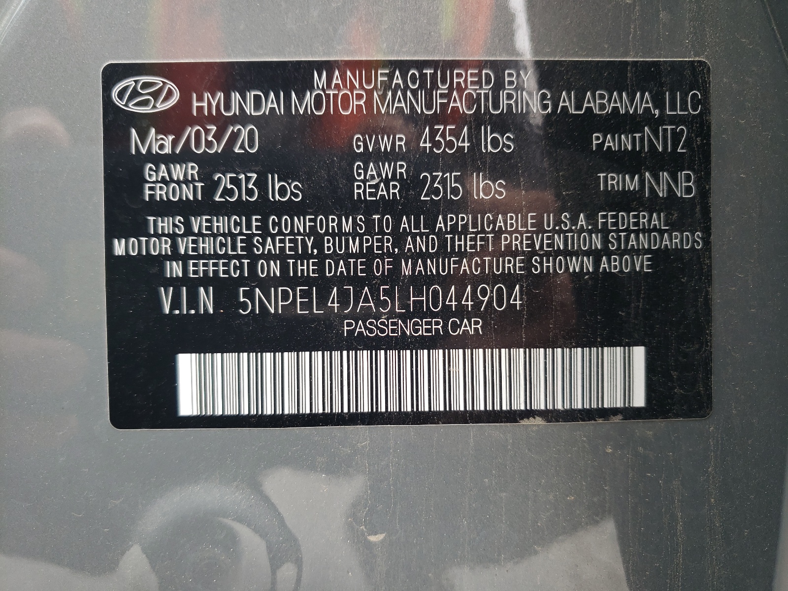 5NPEL4JA5LH044904 2020 Hyundai Sonata Sel