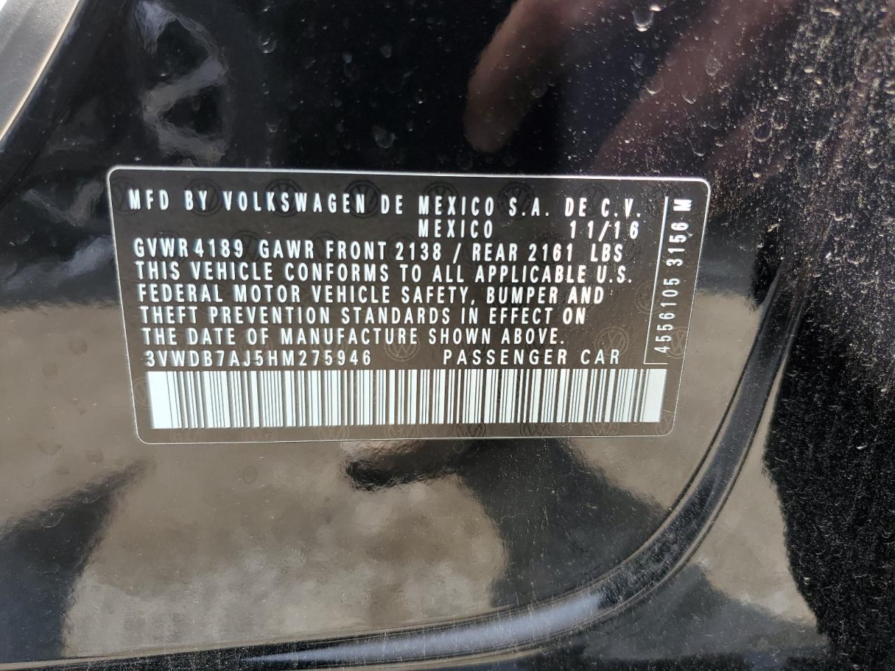 2017 Volkswagen Jetta Se VIN: 3VWDB7AJ5HM275946 Lot: 74105224