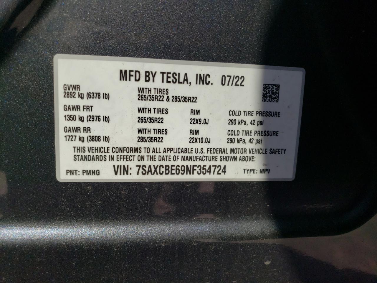 7SAXCBE69NF354724 2022 Tesla Model X