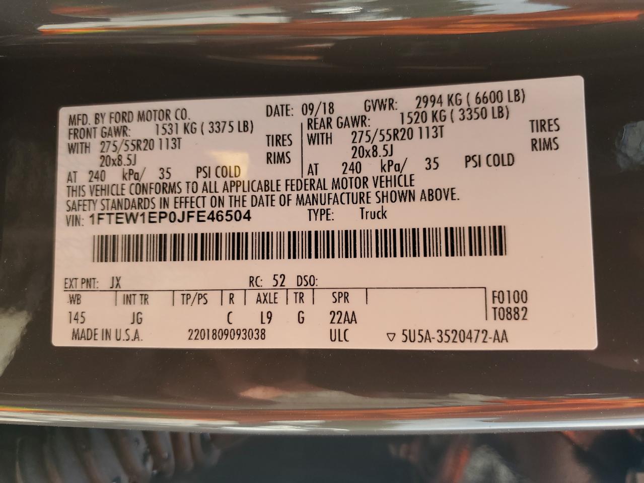 2018 Ford F150 Supercrew VIN: 1FTEW1EP0JFE46504 Lot: 55846134