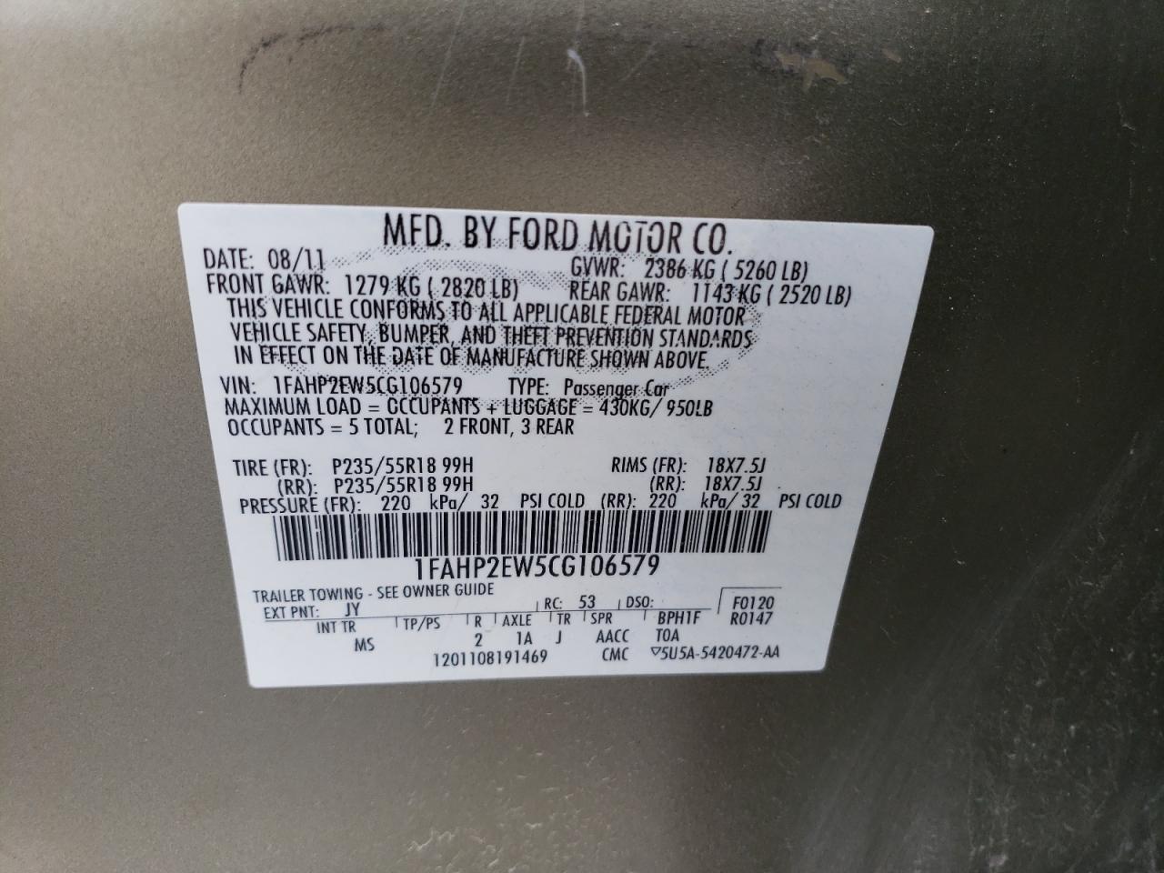 2012 Ford Taurus Sel VIN: 1FAHP2EW5CG106579 Lot: 55908774