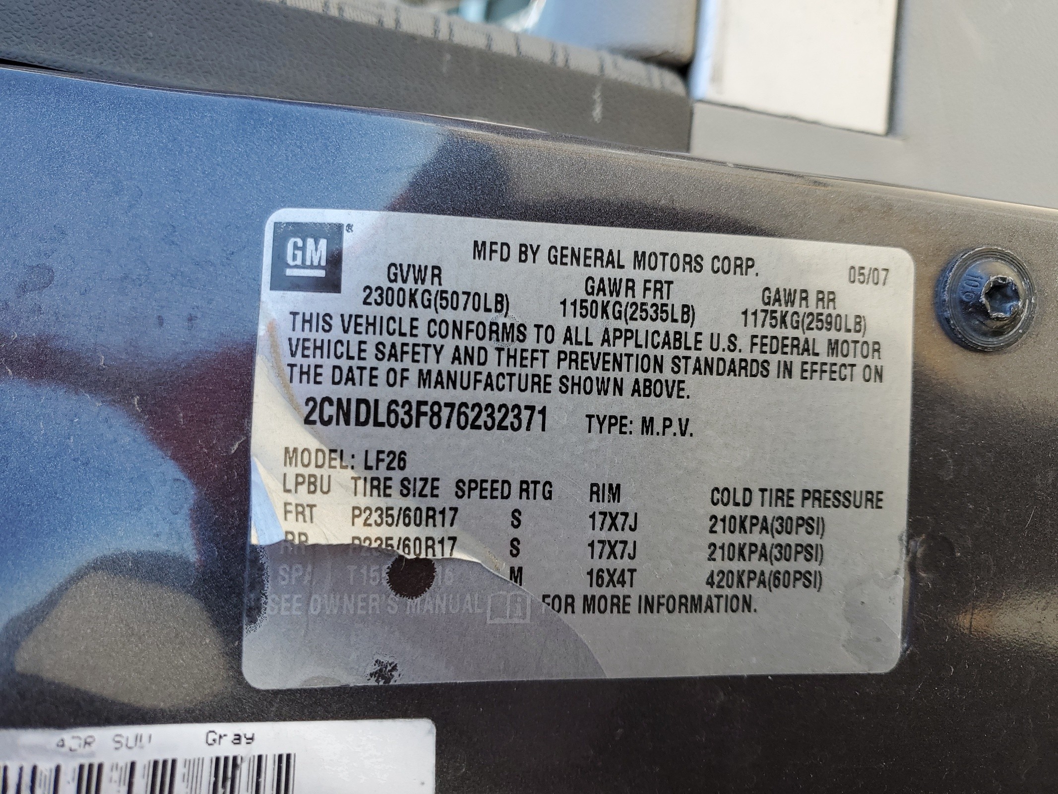 2CNDL63F876232371 2007 Chevrolet Equinox Lt