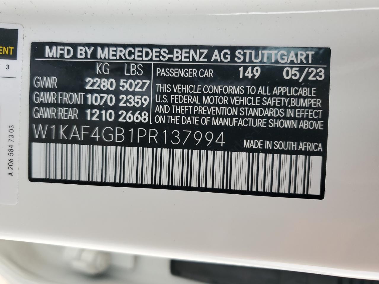 2023 Mercedes-Benz C 300 VIN: W1KAF4GB1PR137994 Lot: 53125724