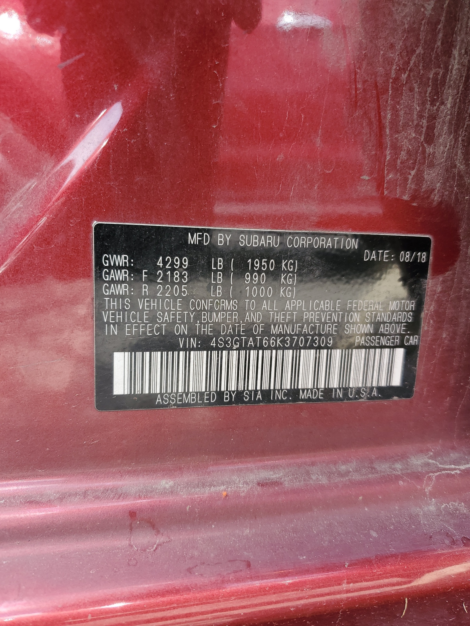 4S3GTAT66K3707309 2019 Subaru Impreza Limited