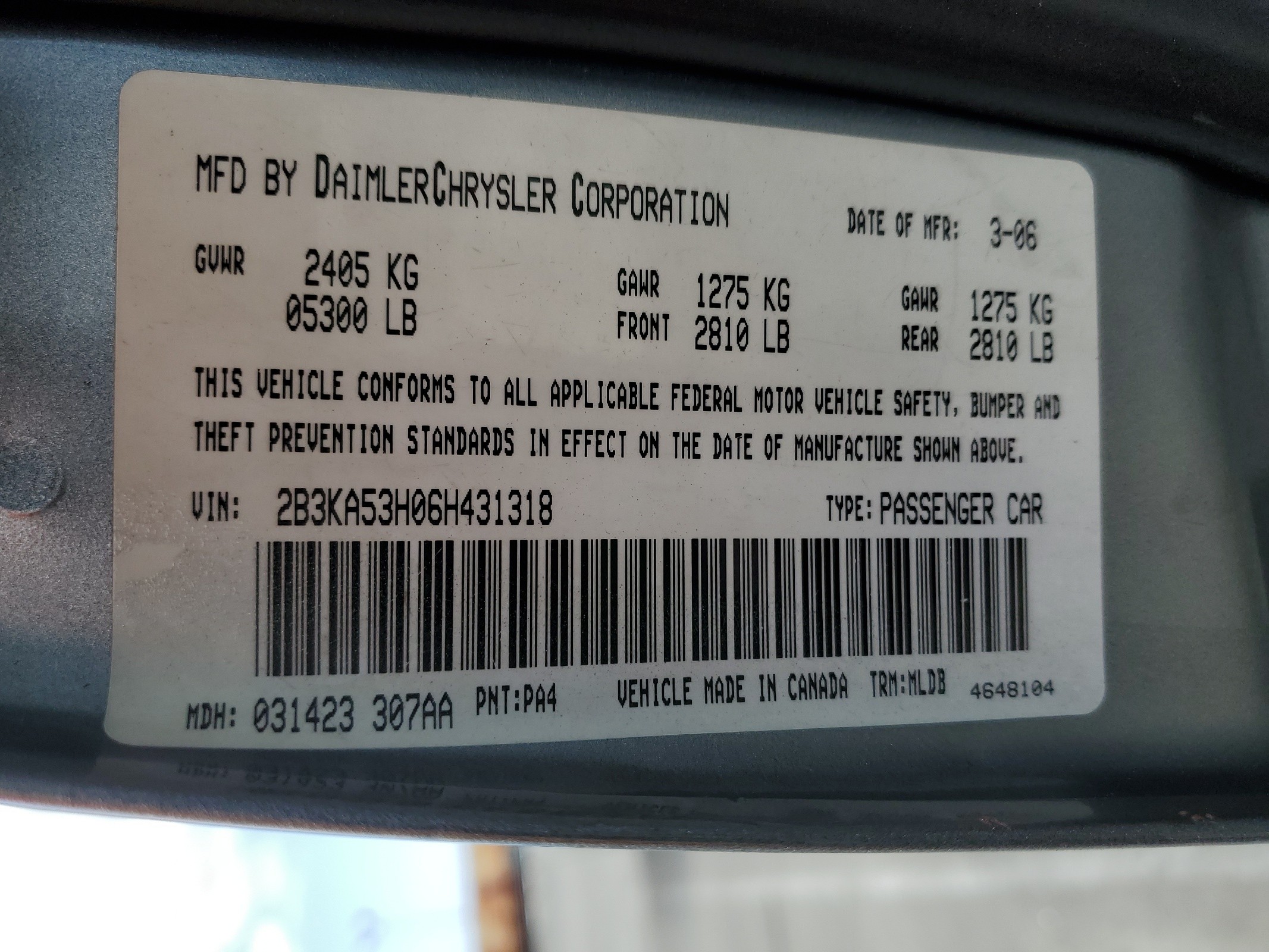 2B3KA53H06H431318 2006 Dodge Charger R/T