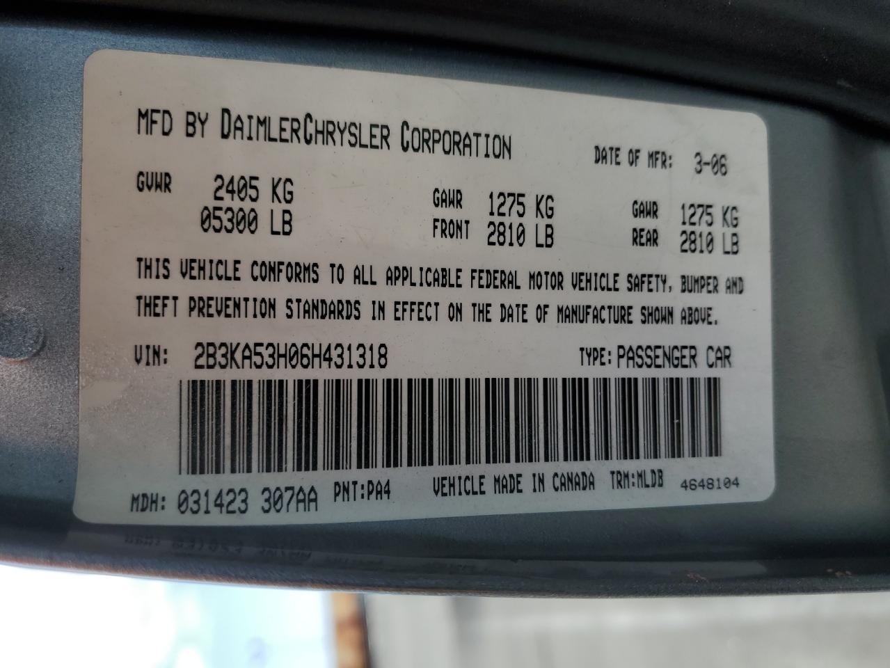 2006 Dodge Charger R/T VIN: 2B3KA53H06H431318 Lot: 55500334