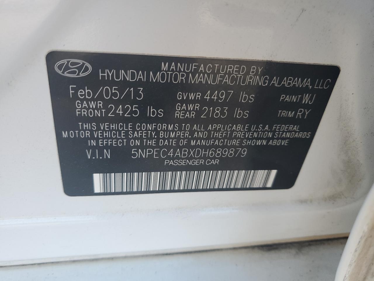 2013 Hyundai Sonata Se VIN: 5NPEC4ABXDH689879 Lot: 53118244