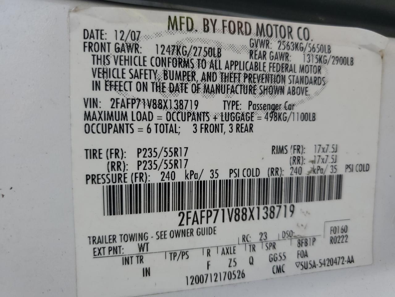 2008 Ford Crown Victoria Police Interceptor VIN: 2FAFP71V88X138719 Lot: 56264654