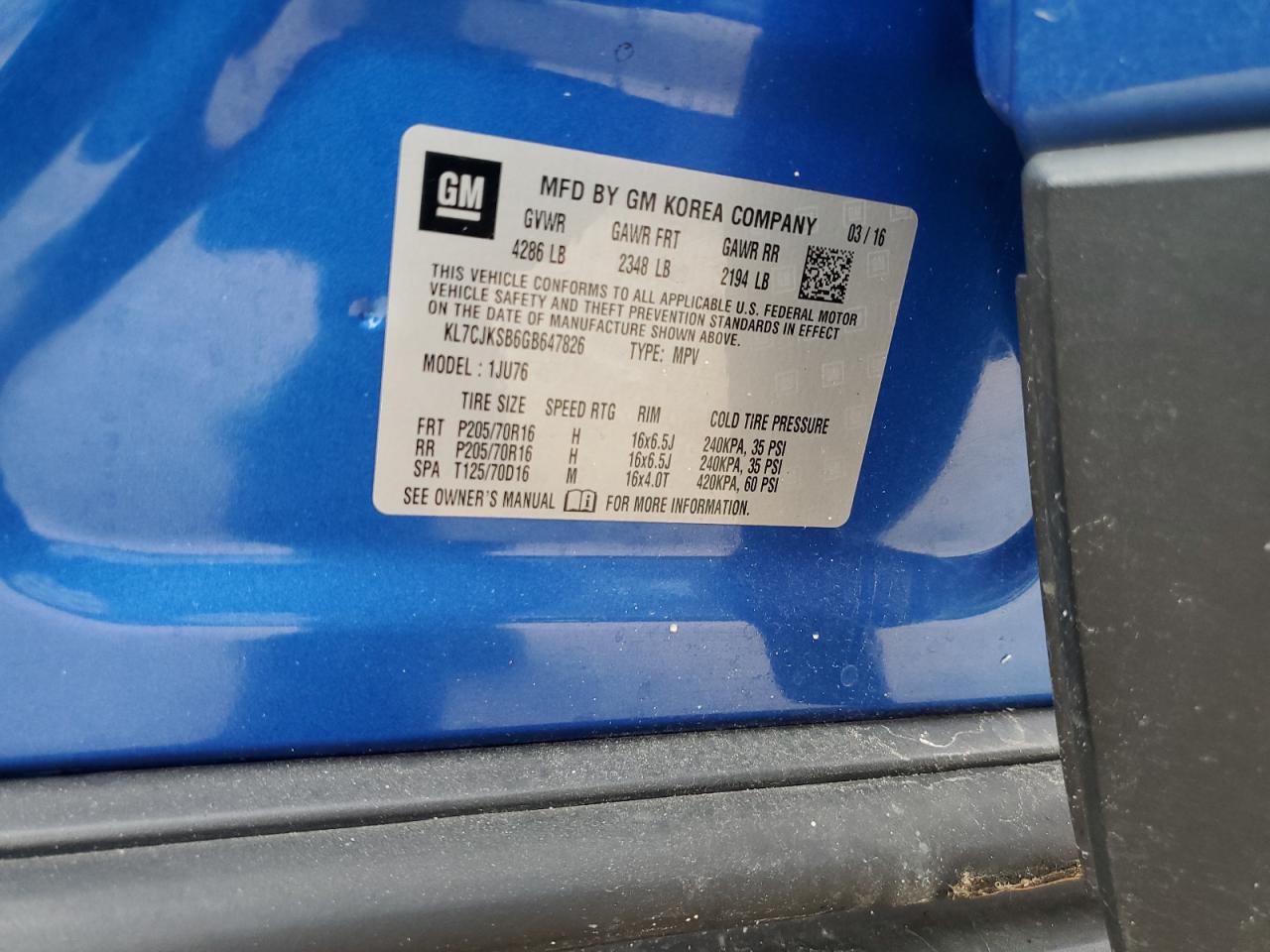 2016 Chevrolet Trax Ls VIN: KL7CJKSB6GB647826 Lot: 53676044