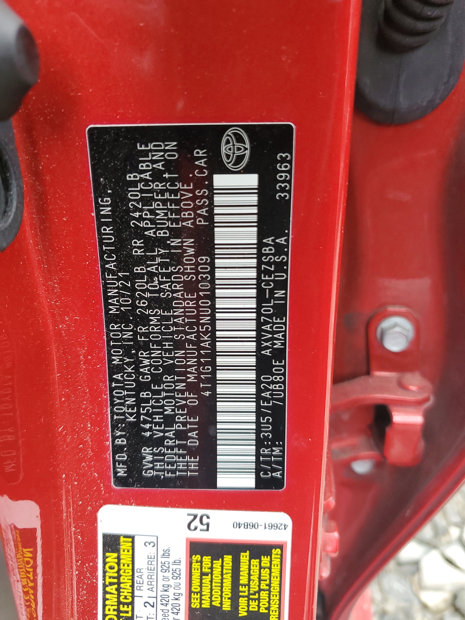 4T1G11AK5NU010309 2022 Toyota Camry Se