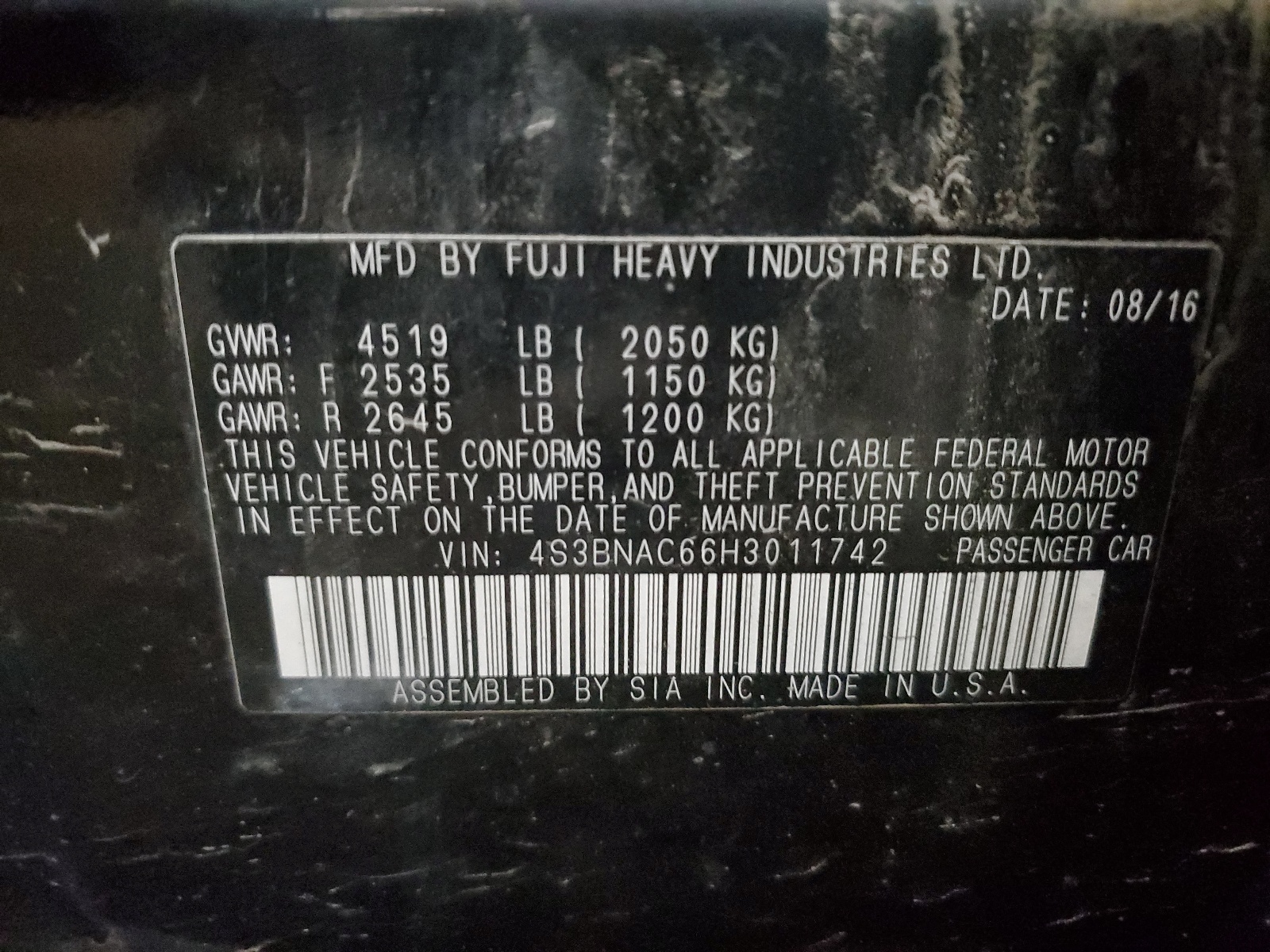 4S3BNAC66H3011742 2017 Subaru Legacy 2.5I Premium