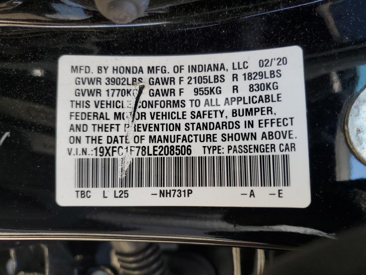 2020 Honda Civic Exl VIN: 19XFC1F78LE208506 Lot: 55047664