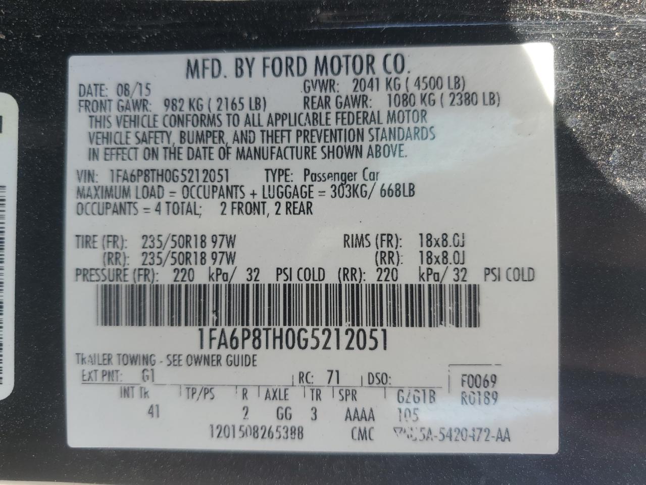 2016 Ford Mustang VIN: 1FA6P8TH0G5212051 Lot: 55724854