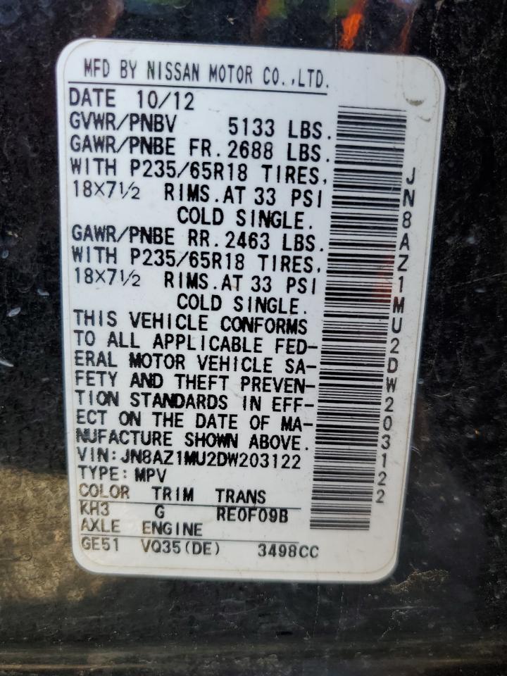 2013 Nissan Murano S VIN: JN8AZ1MU2DW203122 Lot: 53336314