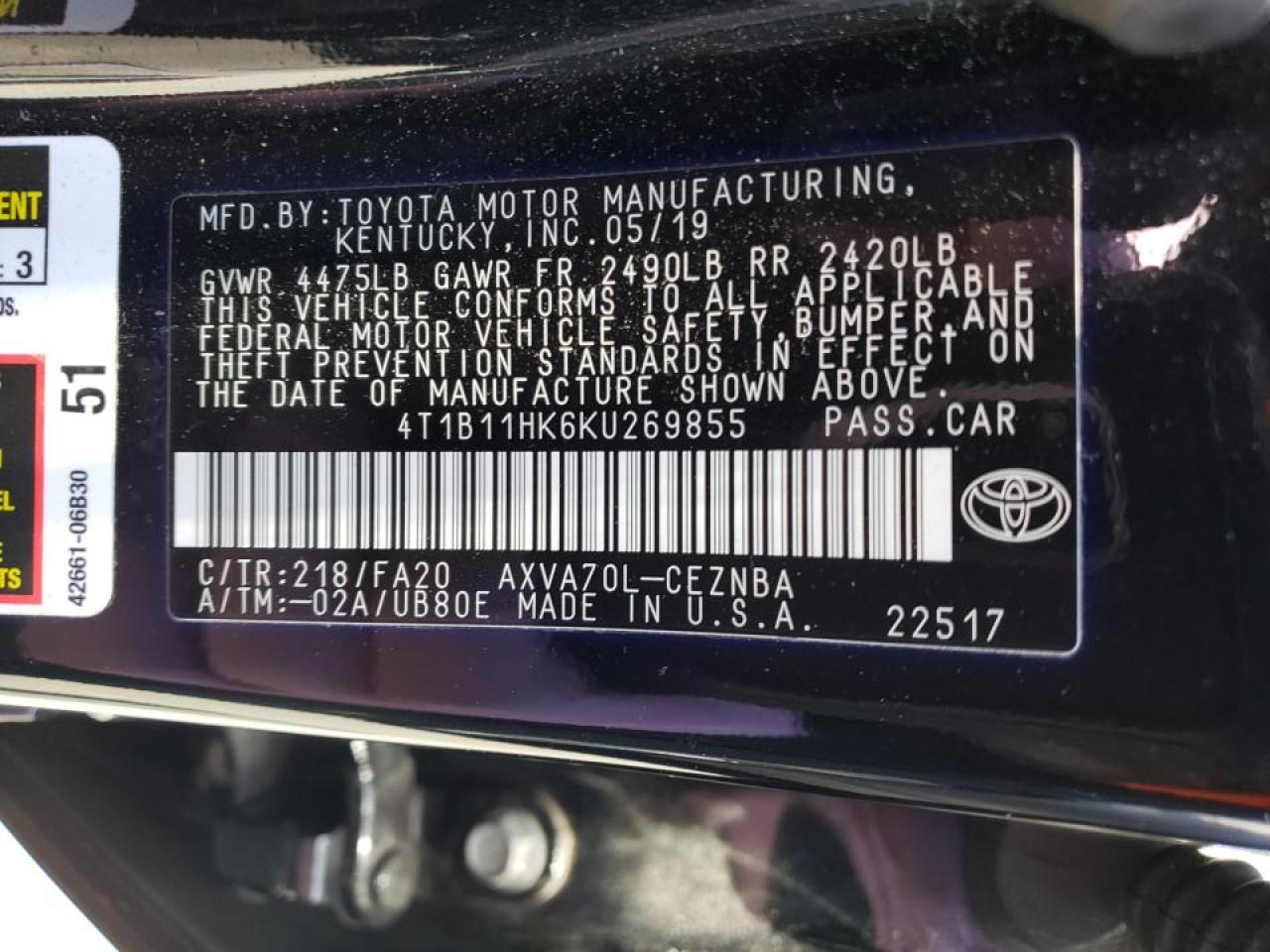 4T1B11HK6KU269855 2019 Toyota Camry L