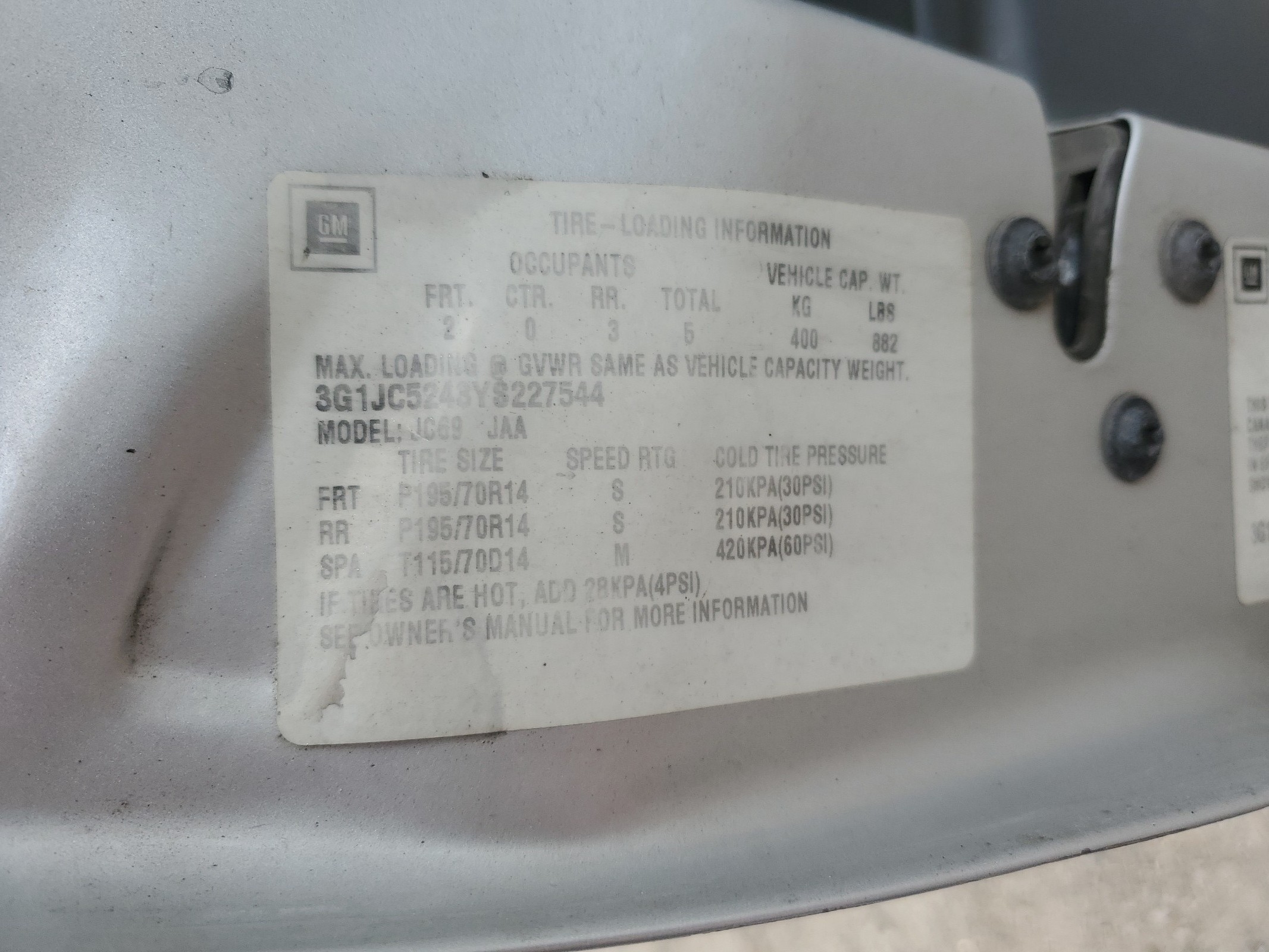 3G1JC5243YS227544 2000 Chevrolet Cavalier