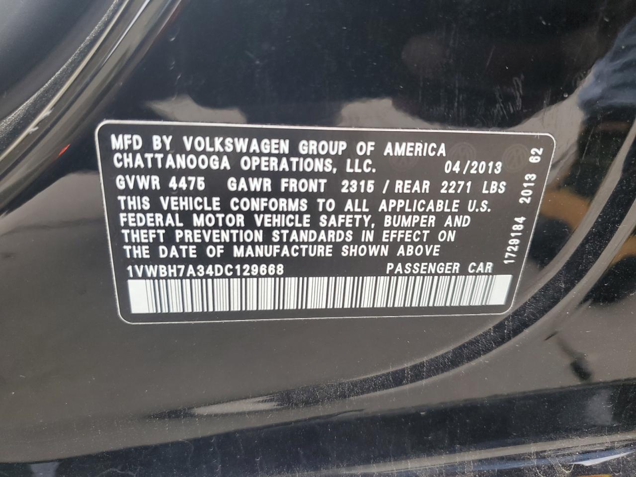 2013 Volkswagen Passat Se VIN: 1VWBH7A34DC129668 Lot: 56441234