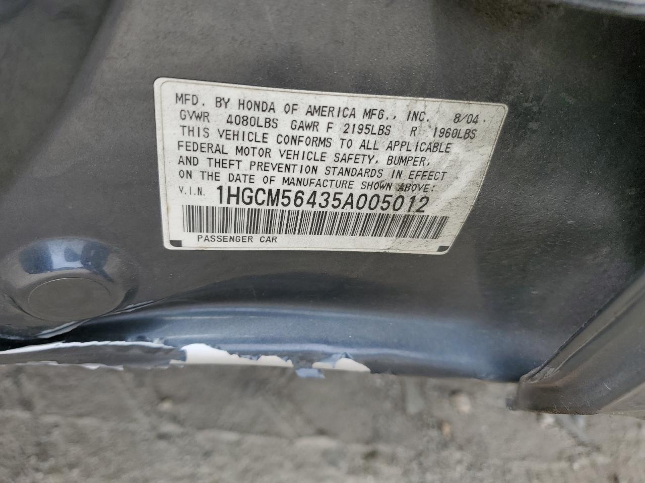 2005 Honda Accord Lx VIN: 1HGCM56435A005012 Lot: 54360064