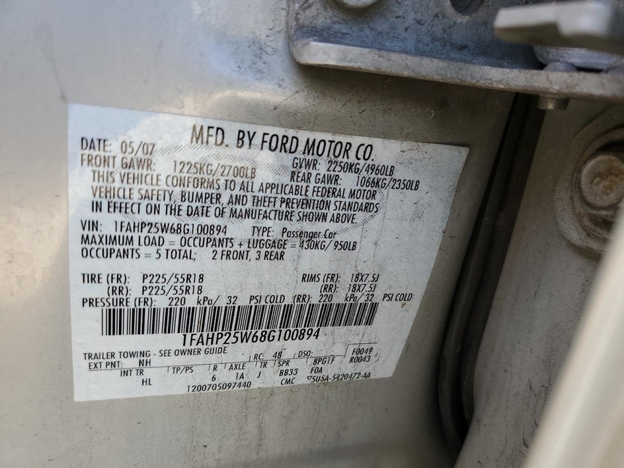 1FAHP25W68G100894 2008 Ford Taurus Limited