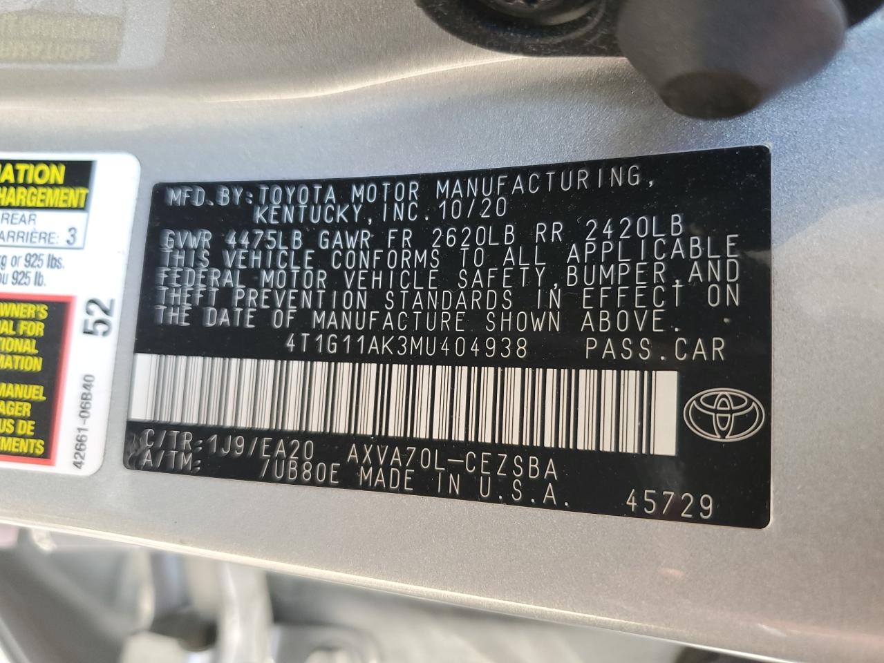 2021 Toyota Camry Se VIN: 4T1G11AK3MU404938 Lot: 55827494