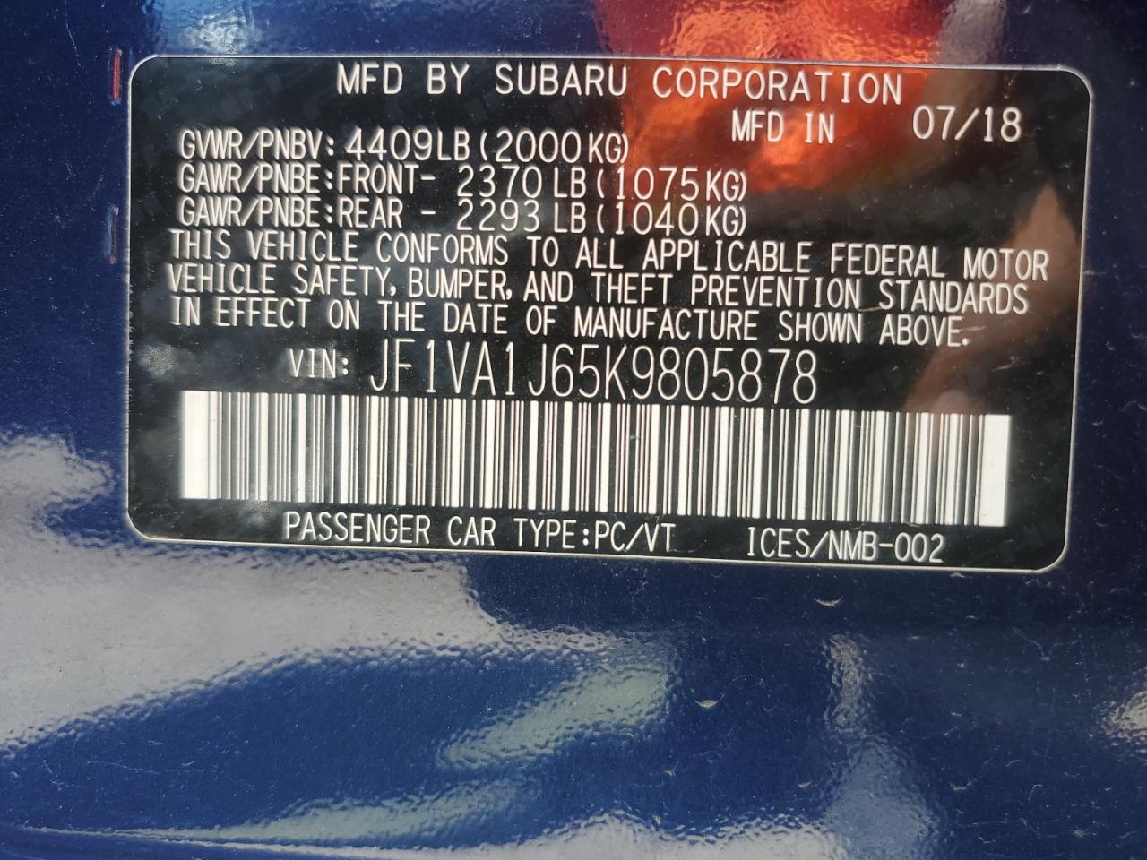 JF1VA1J65K9805878 2019 Subaru Wrx Limited