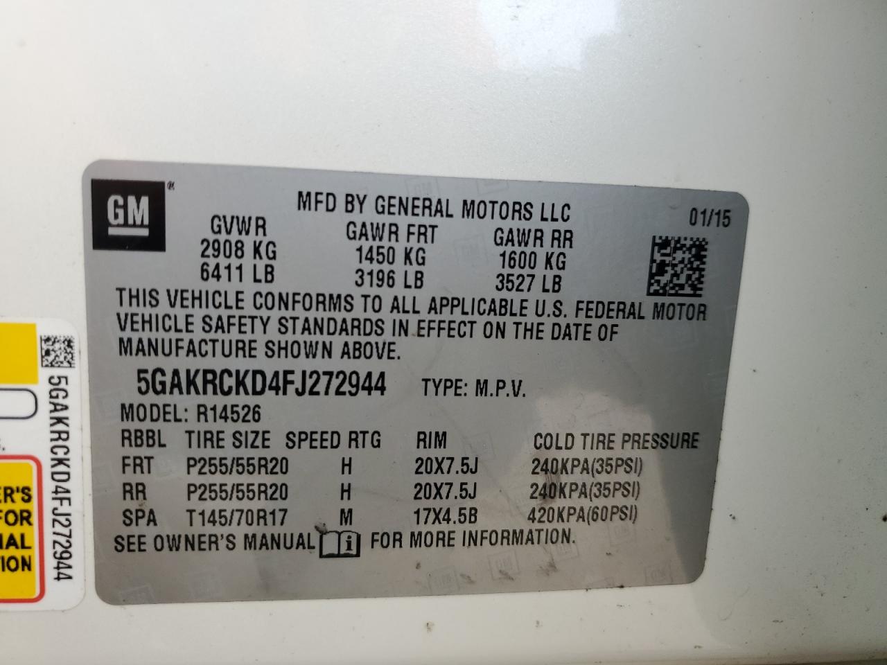 2015 Buick Enclave VIN: 5GAKRCKD4FJ272944 Lot: 53812304