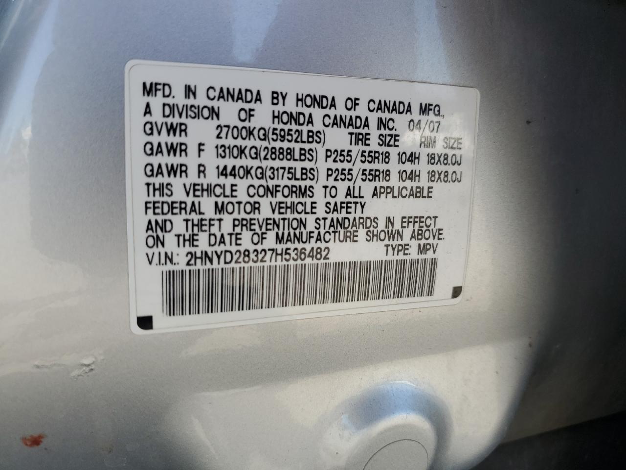 2007 Acura Mdx Technology VIN: 2HNYD28327H536482 Lot: 53100334