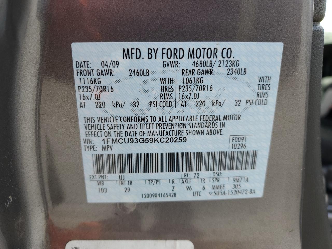 1FMCU93G59KC20259 2009 Ford Escape Xlt