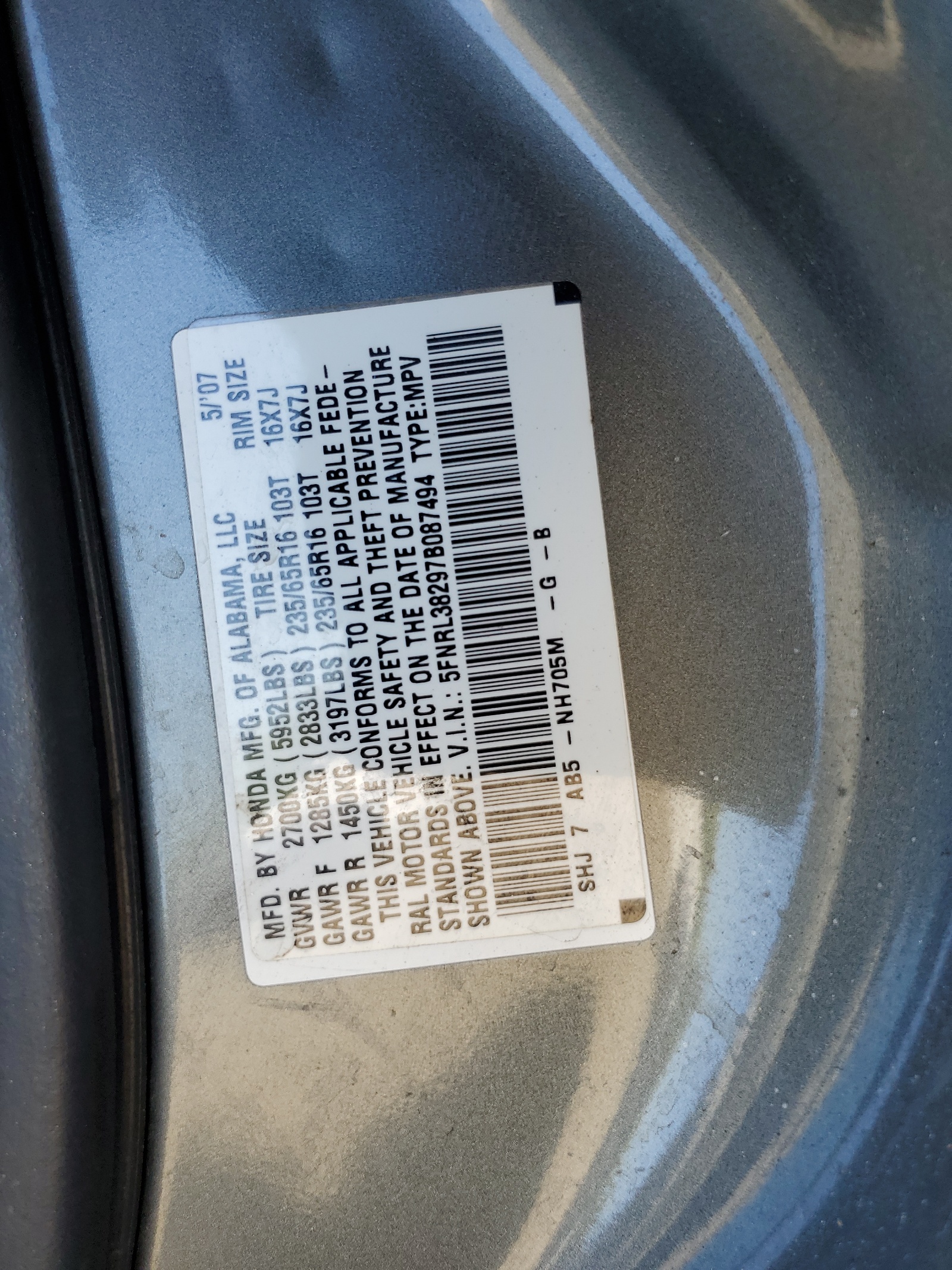 5FNRL38297B087494 2007 Honda Odyssey Lx