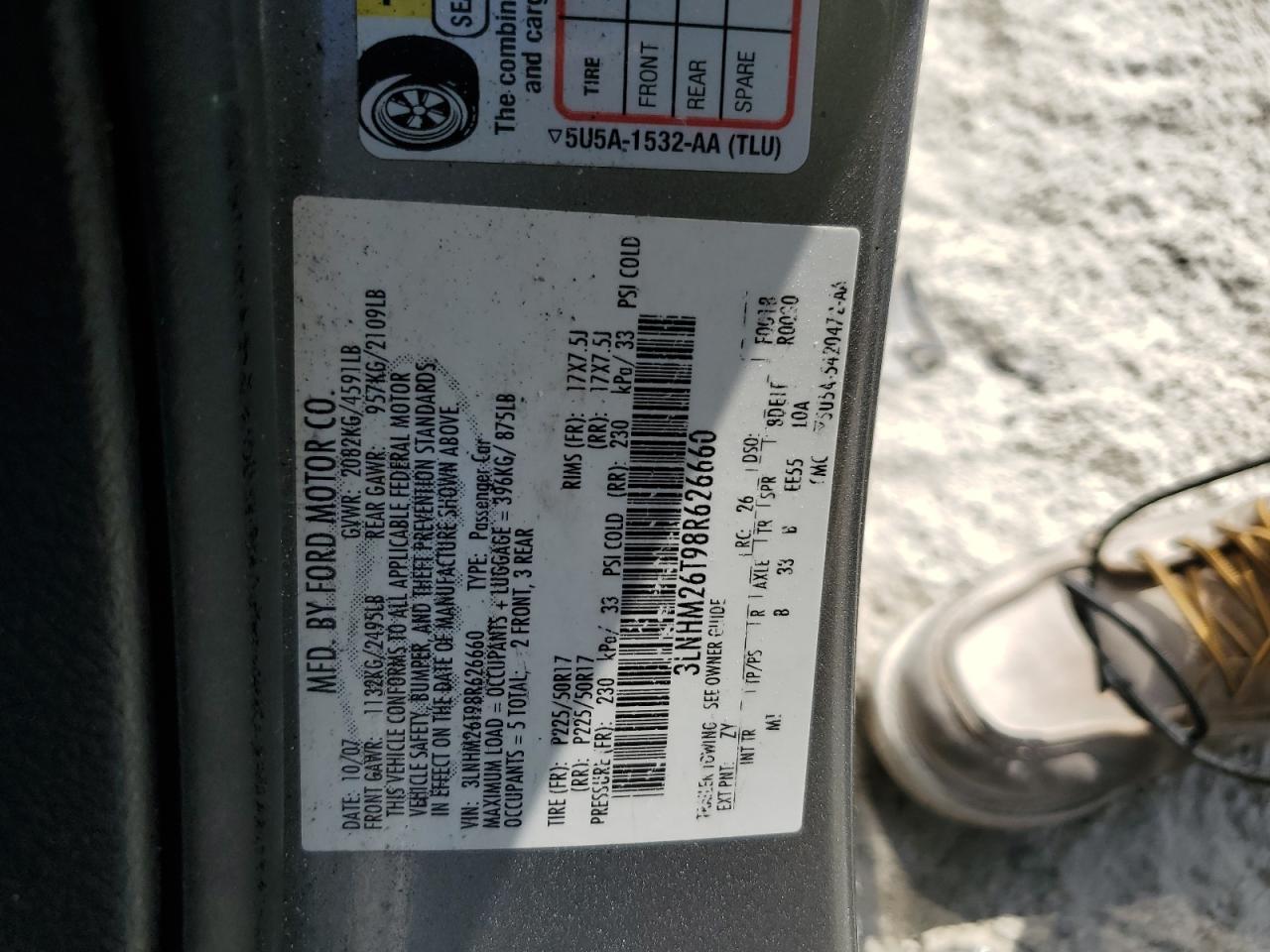 2008 Lincoln Mkz VIN: 3LNHM26T98R626660 Lot: 54274824