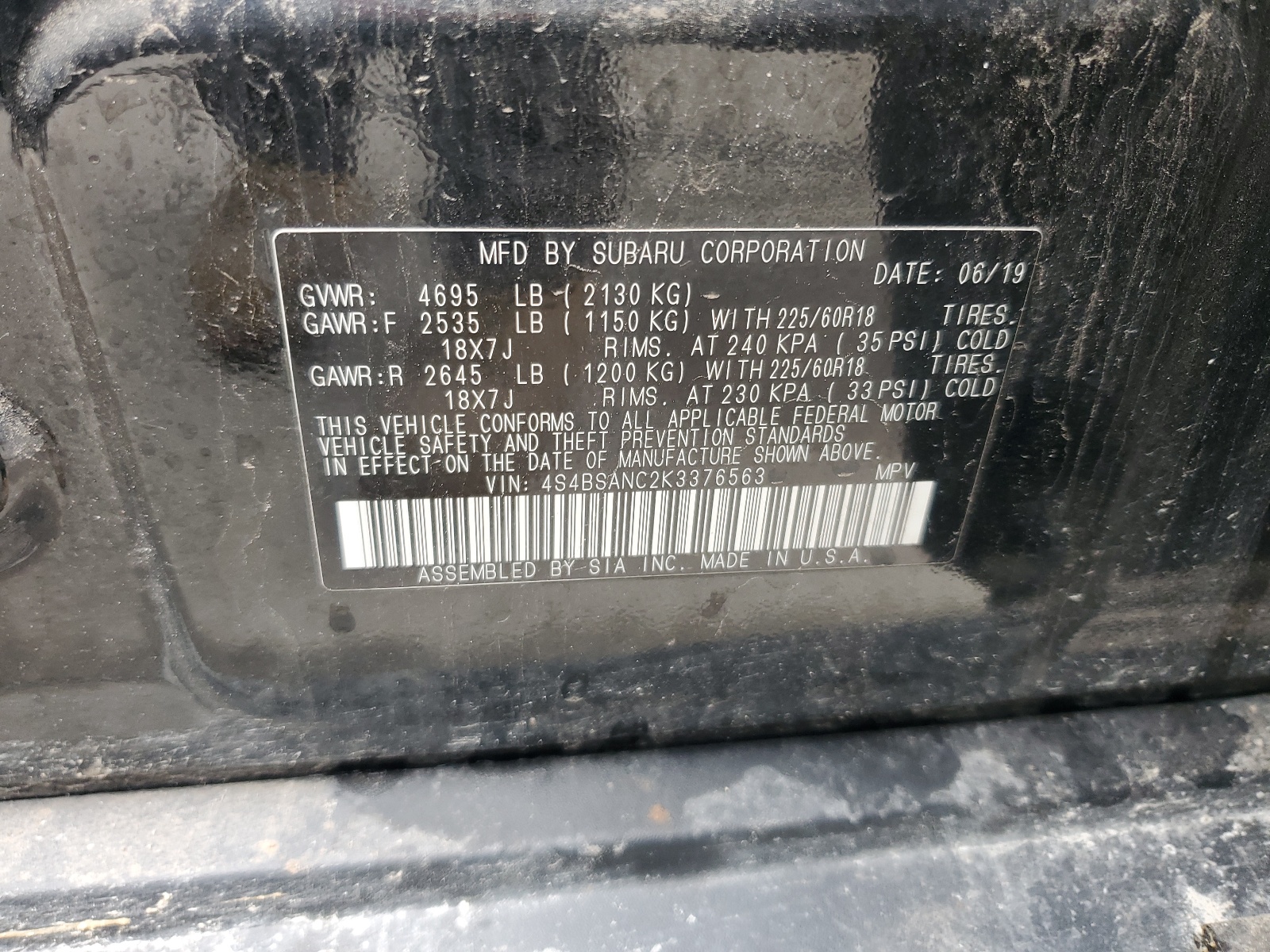 4S4BSANC2K3376563 2019 Subaru Outback 2.5I Limited