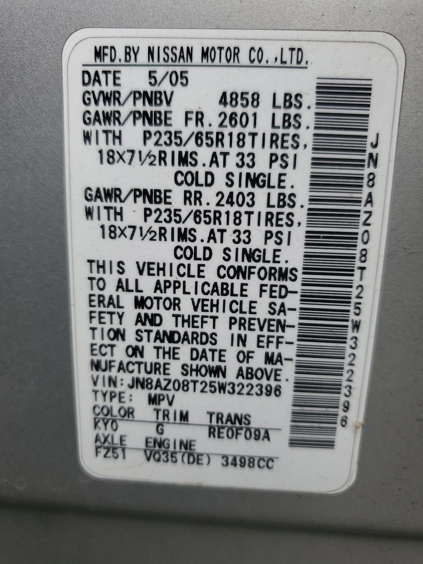 JN8AZ08T25W322396 2005 Nissan Murano Sl