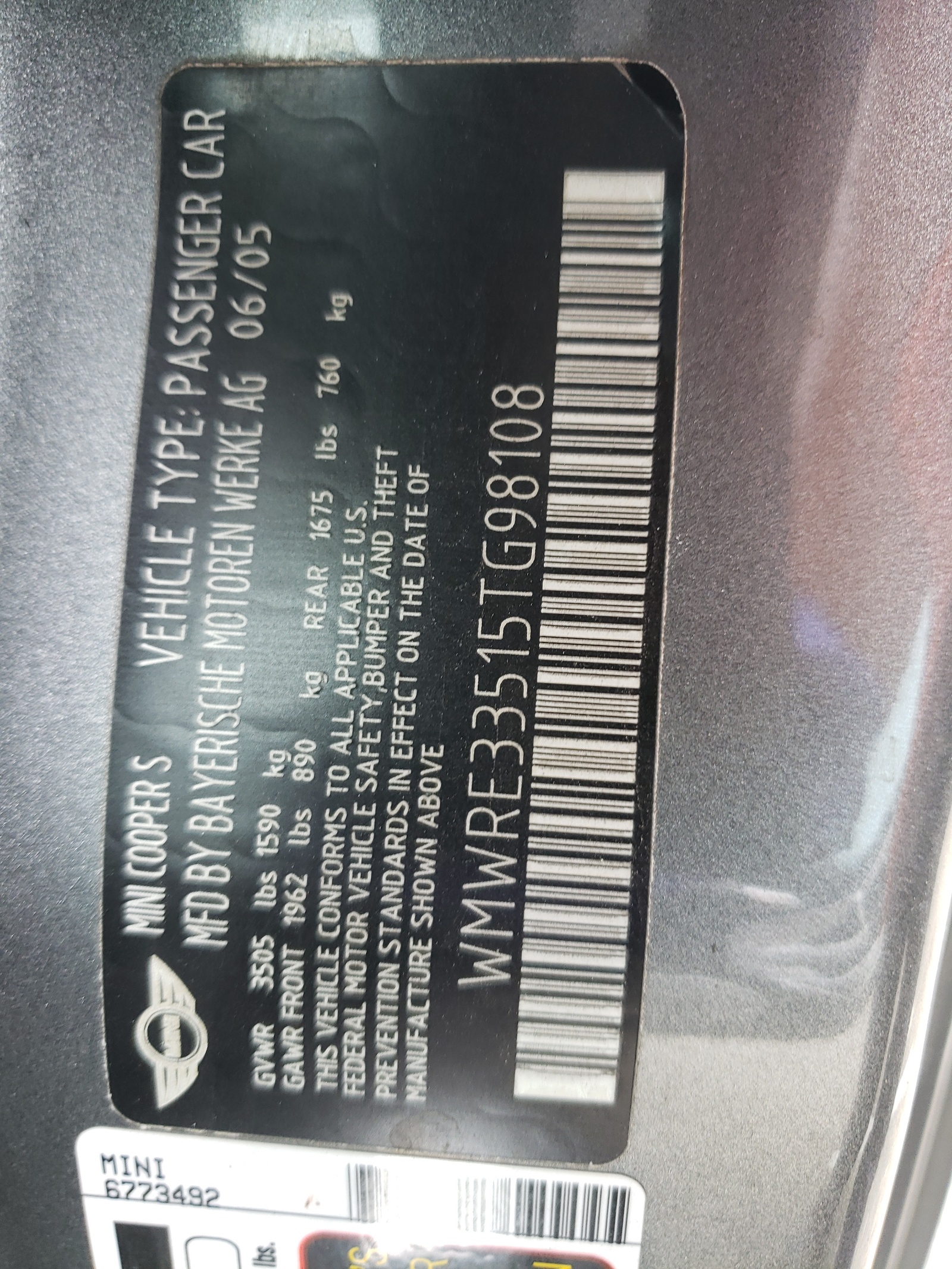 WMWRE33515TG98108 2005 Mini Cooper S